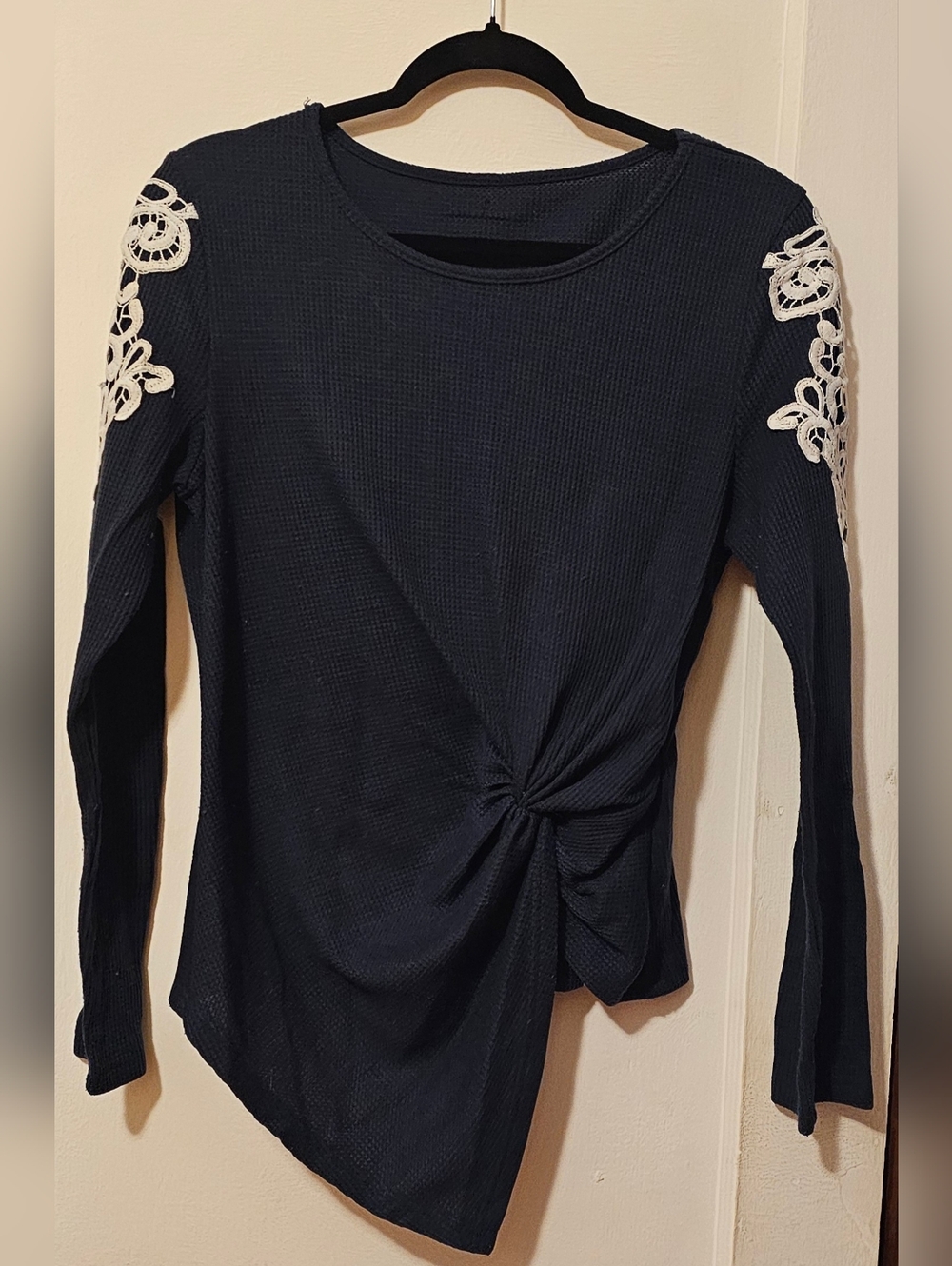 Women’s Navy Long-Sleeve Knot Front Top with Lace Shoulder Detail